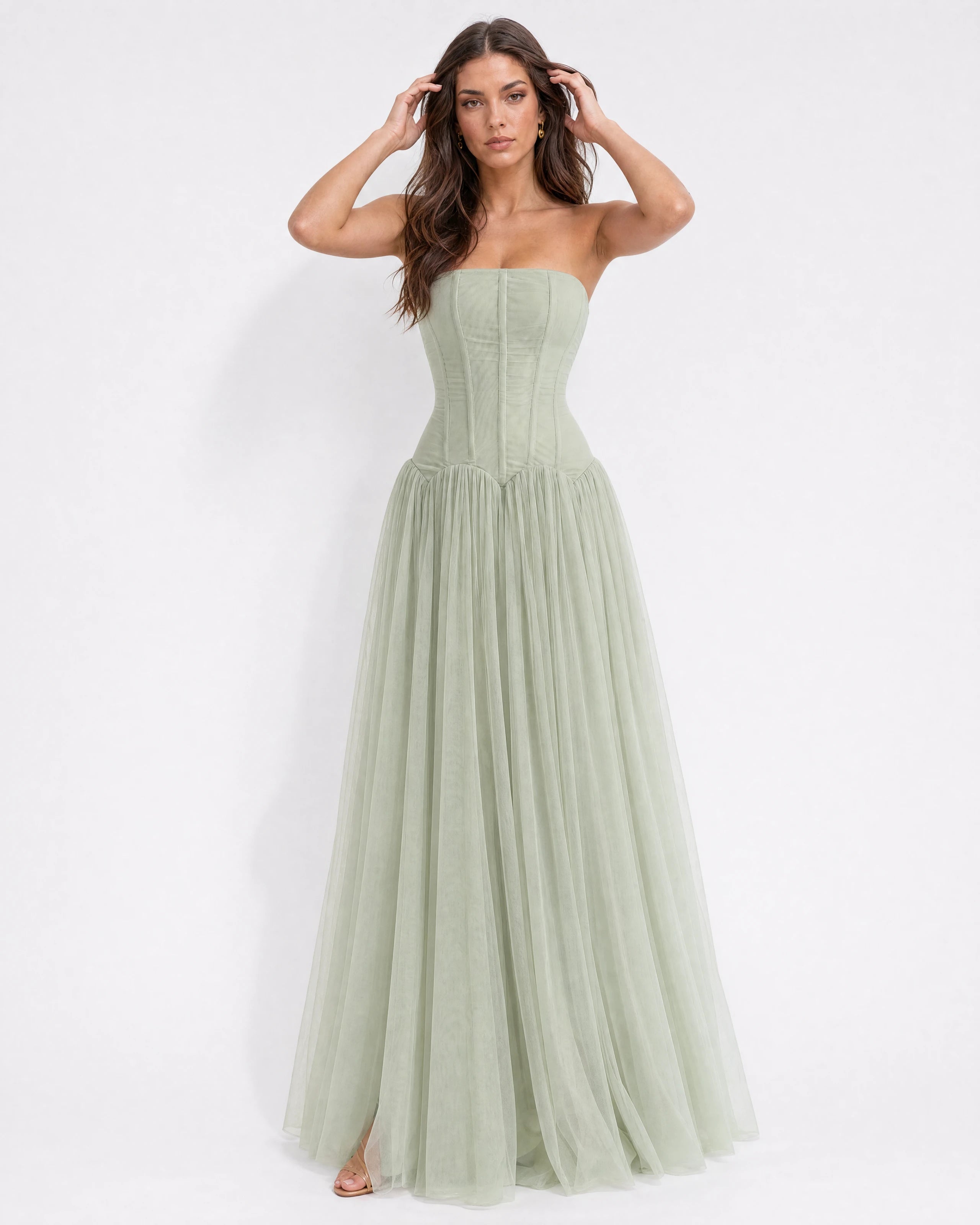 Odélie sage green tulle gown - styled view