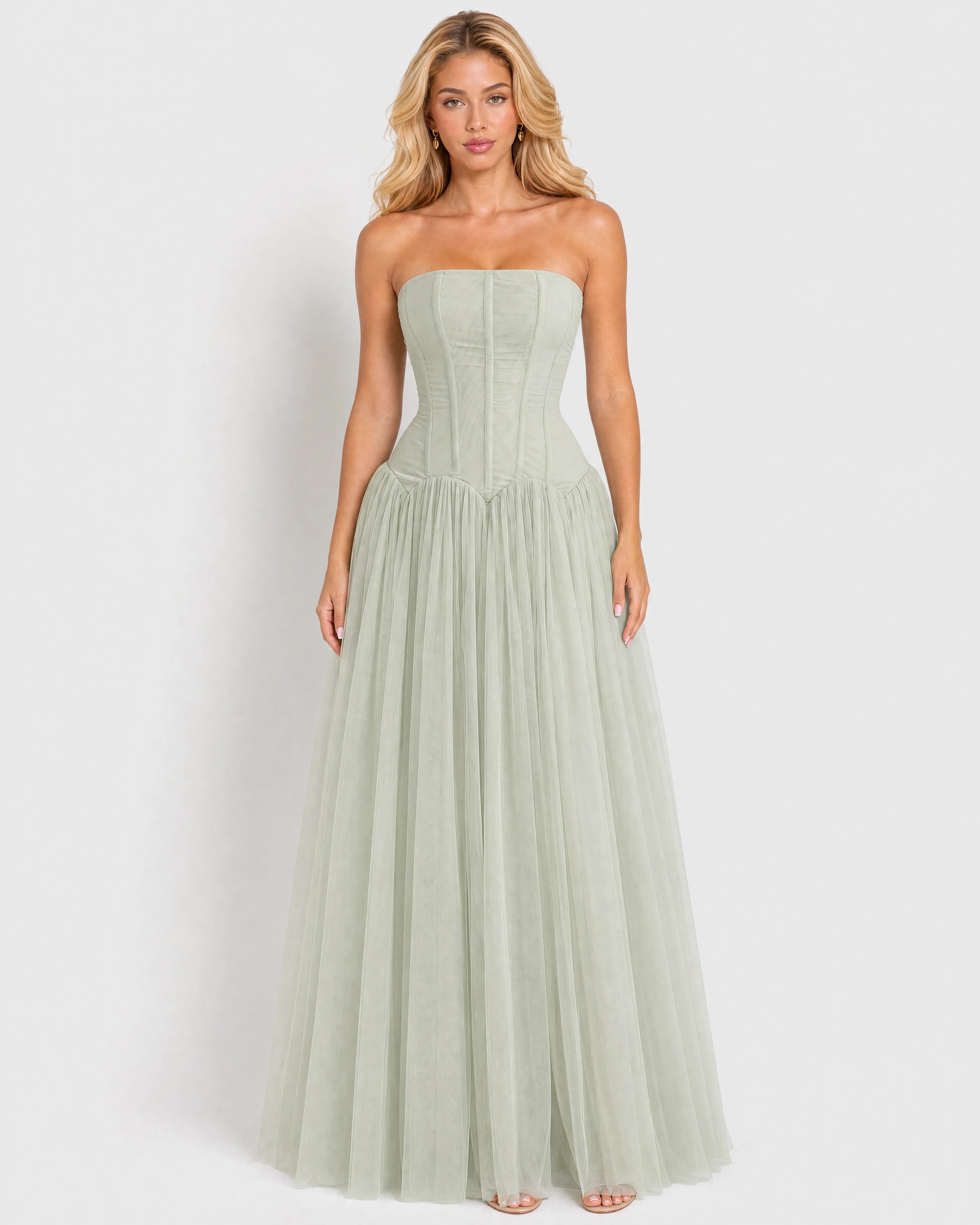 Odelie sage green tulle maxi gown - front