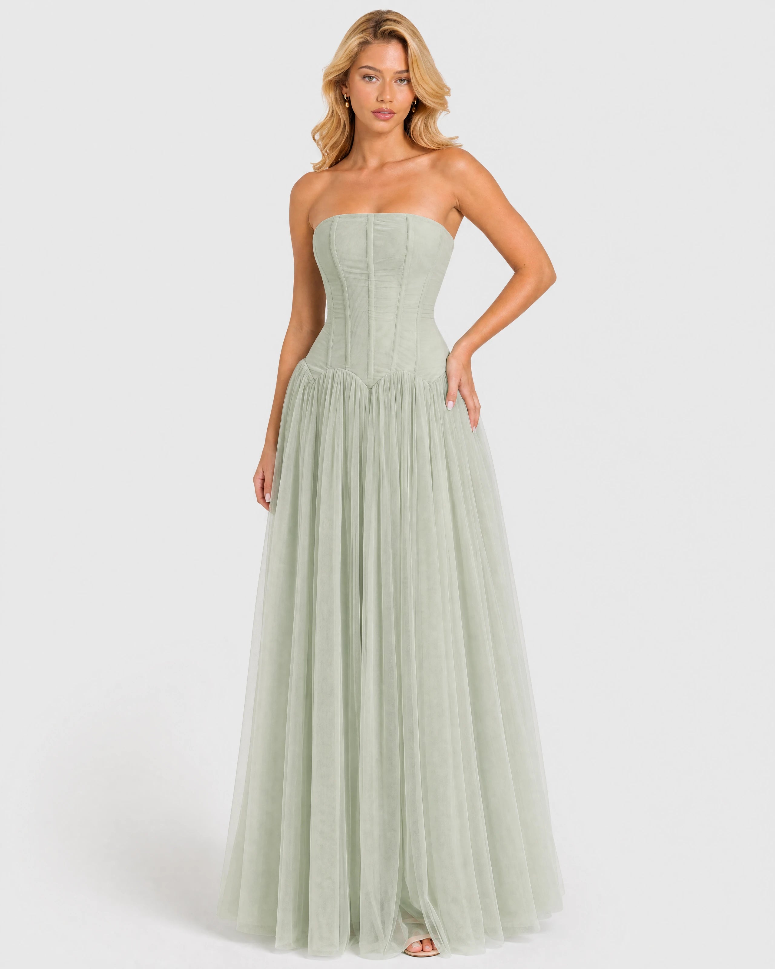 Odelie sage green tulle maxi gown - three-quarter