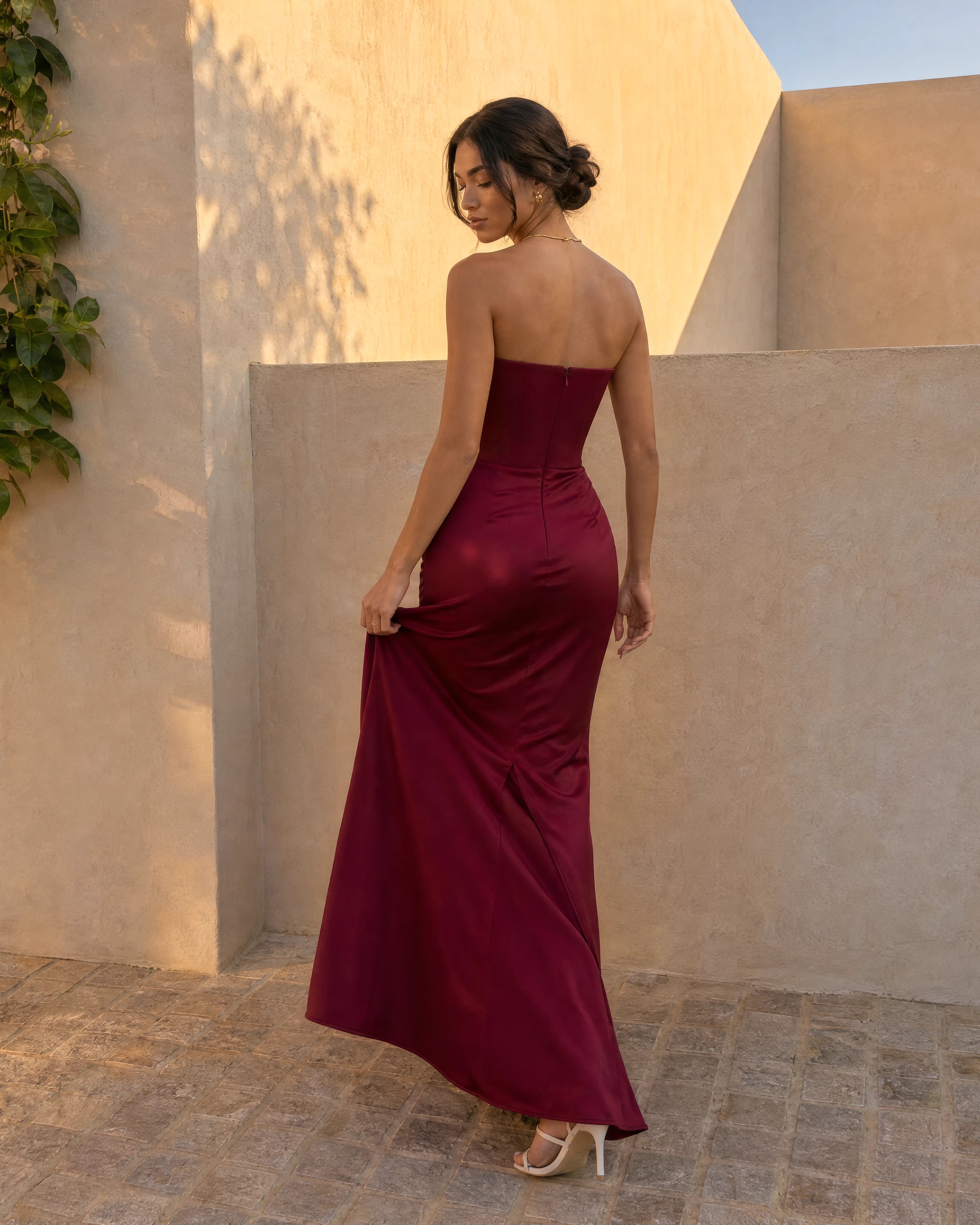 Ondine strapless corset maxi dress in wine red