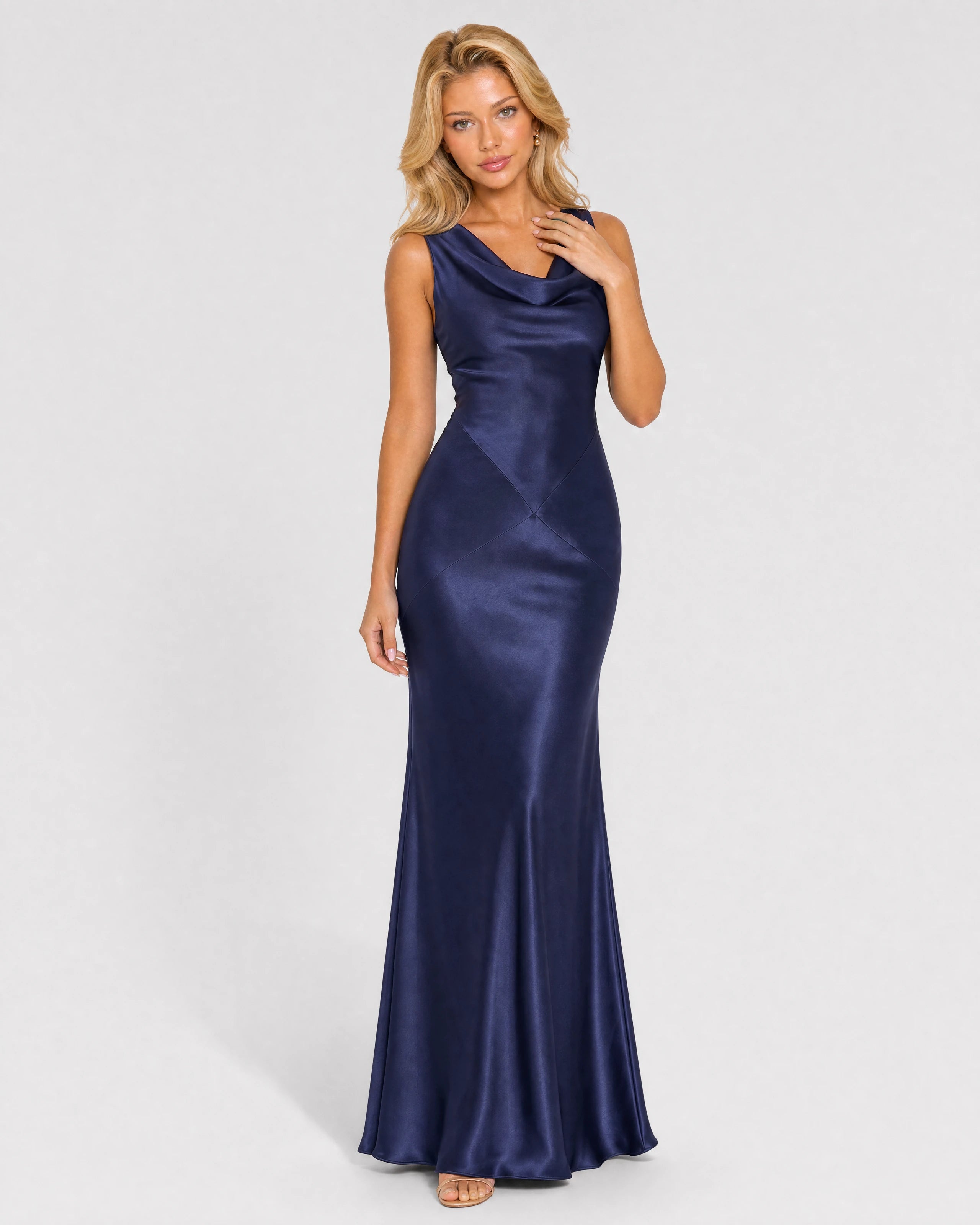 Sabine navy satin maxi dress - front three-quarter
