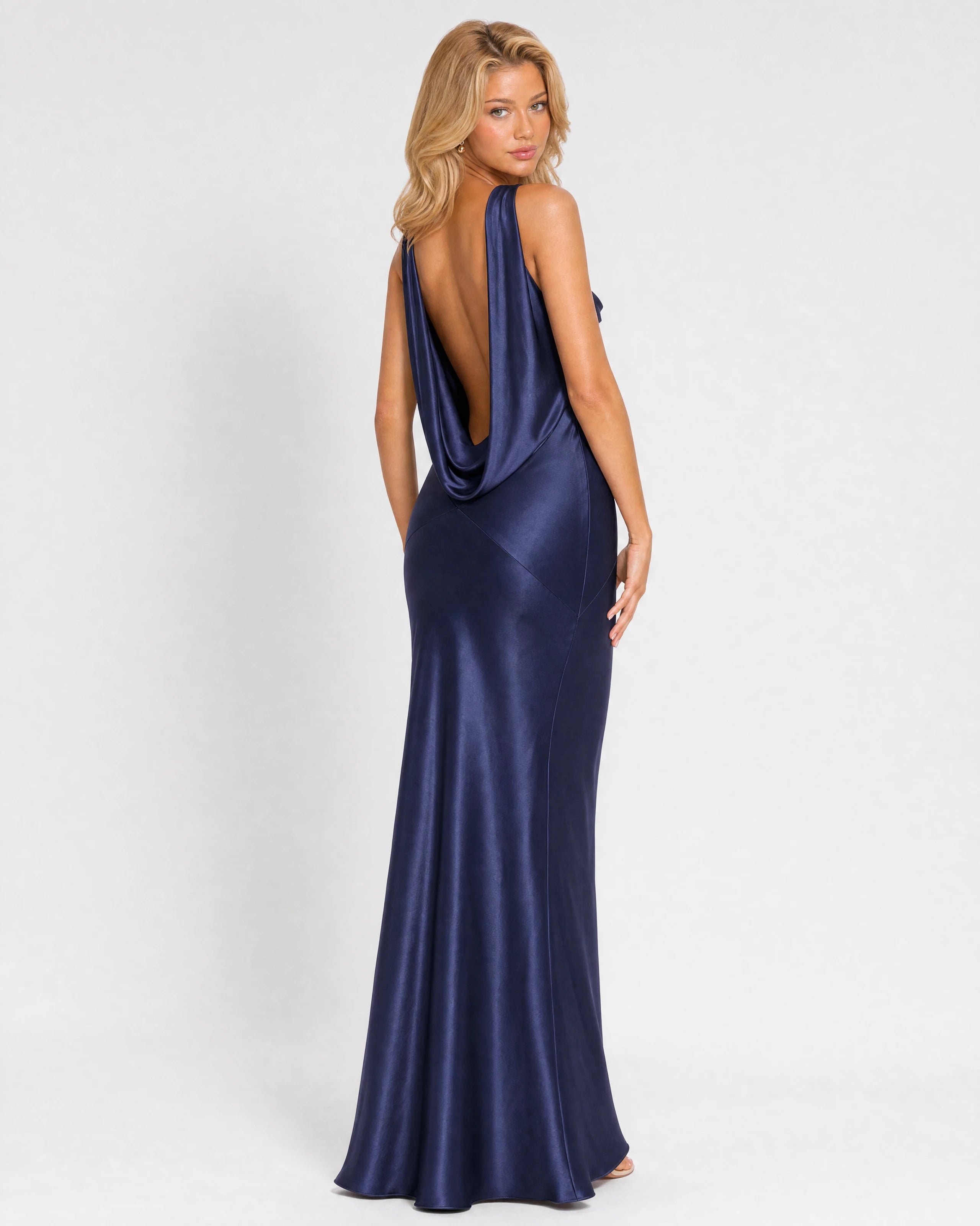 Sabine navy satin maxi dress - draped open back