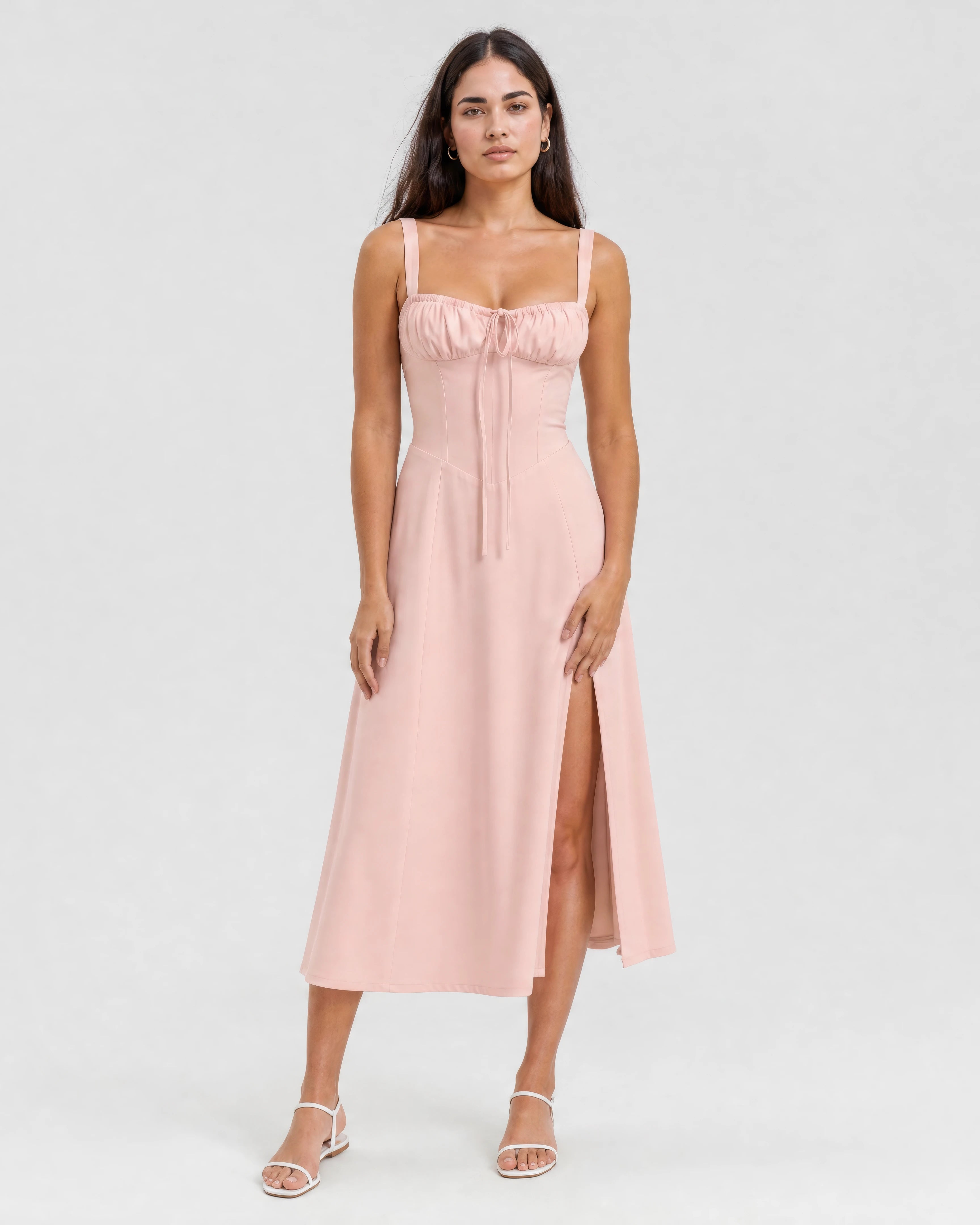 Soleil lace-up corset midi dress in pink, studio